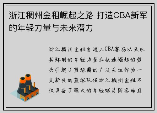 浙江稠州金租崛起之路 打造CBA新军的年轻力量与未来潜力